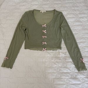 Sugar Moon Scoop Neck Sage and Pink Bow Long Sleeve Top